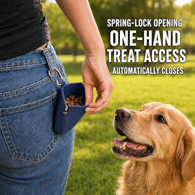 1 Cup Silicone Dog Treat Pouch, Dog Training Treat Bag, Blue | One-Hand Use, Auto-Closes, No Spills When Inverted, Carabiner Keeps Pouch Secure, Easy to Clean, Holds Dry or Wet Dog Food