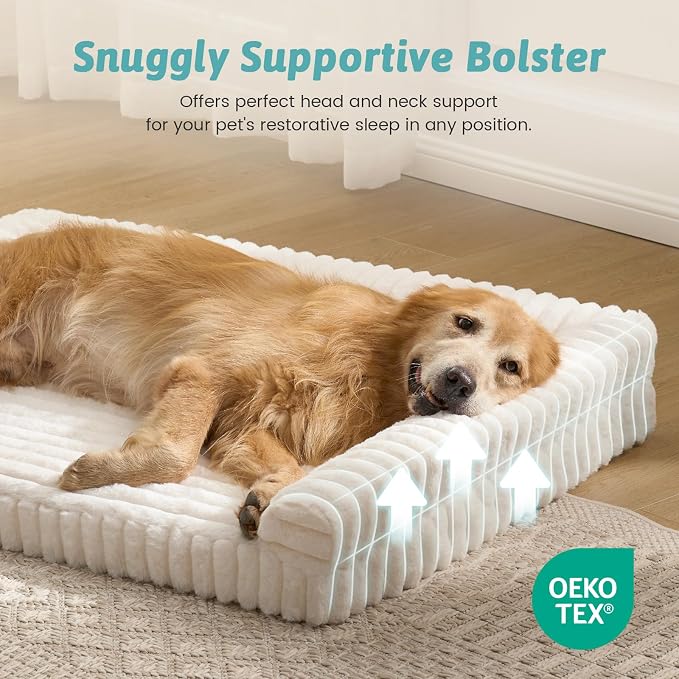 COZY KISS Ultra Soft Faux Rabbit Fur Dog Bed for Extra Large Dogs – 48"x35" Orthopedic Foam Couch, Removable Washable Cover & Waterproof Lining, Tie-Dye Brown
