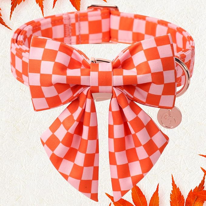 DOGWONG Orange Pink Plaid Dog Collar with Bow - Adjustable and Comfortable Autumn Dog Collar Fall Necklace for Large Medium Small Pet,L