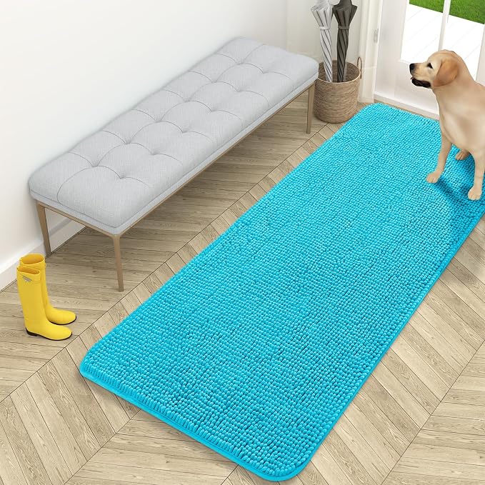 OLANLY Dog Door Mat for Muddy Paws 59x24, Super Absorbent Chenille Mud Mat | Aqua Blue, Absorbs Moisture and Dirt, Non-Slip Machine Washable Doormat, Quick-Drying Indoor Entryway Floor Carpet for Dogs
