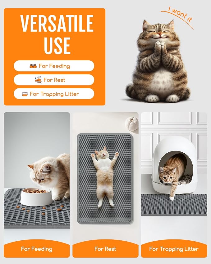 Powools Cat Litter Mat, Double-Layer, 46 x 35 in, Urine-Proof, Grey | Non-Slip Litter Trapping Mat, Easy to Clean, Kitty Litter Mats for Floor, Scatter Control, Waterproof Litter Box Mat for Cats
