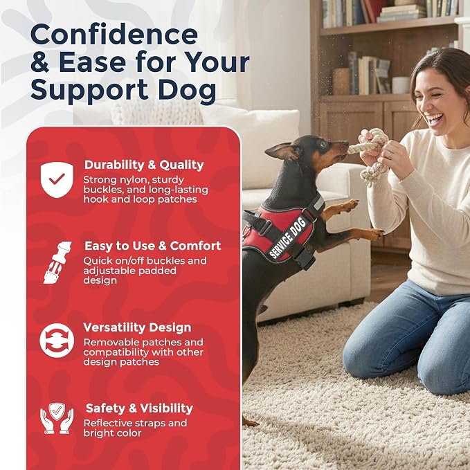 Industrial Puppy Service Dog Vest Harness - Durable & Adjustable Vest for Dog with Reflective Straps, Removable Patches, 50 ADA Cards, Handle & D-Ring, Travel and Daily Use,Bright Red, XXXS 11.5"-13"