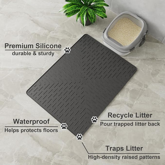 OHMO Large Cat Litter Mat, 31.5x23.6 Black, Premium Silicone Rubber, Waterproof & BPA-Free, Traps Litter, Easy to Clean, Keeps Floors Tidy