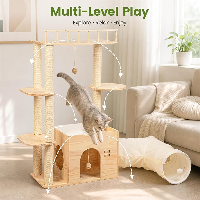 45 Inch Solid Wood Cat Tree, Modern Cat Tower for Indoor Cats, Cat Condo with Single Tunnel, Sisal Scratching Posts, High Perch Platform, Washable Cushion, Hanging Balls, Natural