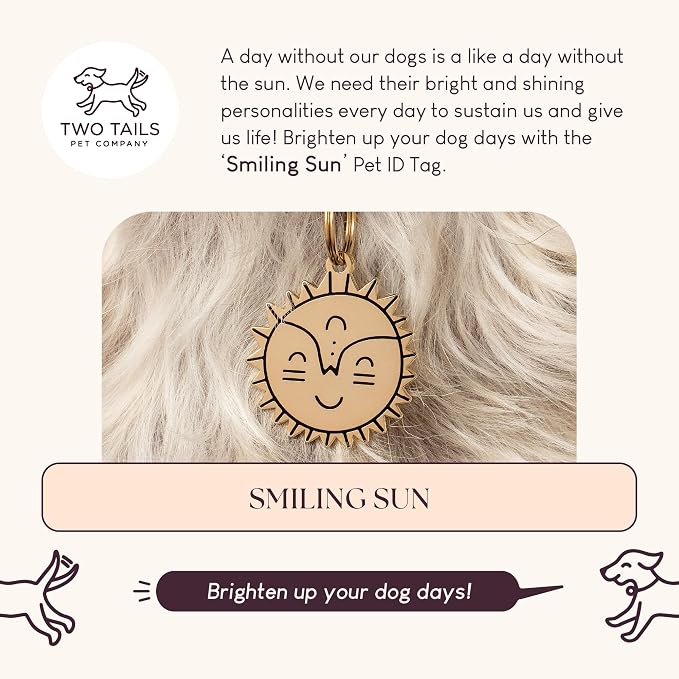 Two Tails Pet Company Personalized 'Smiling Sun' Pet ID Tag - Custom Engraved Dog Tags for Pets - Durable Brass, Gold Plating