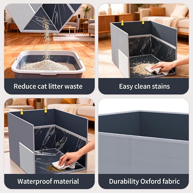 Aokeyee Waterproof Cat Litter Box Enclosure Splash Guard, 27.1"x21.6"x16.5" | Removable PVC Mat with 2 Hooks, Foldable Anti-Leakage Dust Control