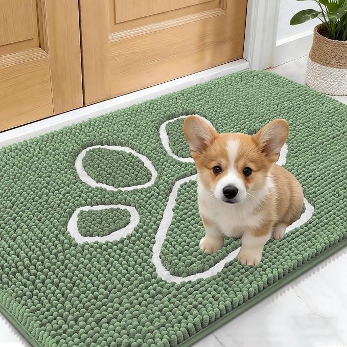 OLANLY Dog Door Mat for Muddy Paws 24x16, Paw Print Design Chenille Mud Mat | Olive Green and White, Absorbent, Traps Moisture and Dirt, Non-Slip Washable Doormat, Indoor Entryway Floor Carpet for Dogs