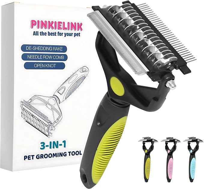 3-IN-1 Pet Grooming Tool - Undercoat Rake, Dematting Comb & Deshedding Brush for Cats, Dogs, Horses - Removes Mats, Tangles & Loose Fur, Reduces Shedding & Prevents Hair Mess (Green)