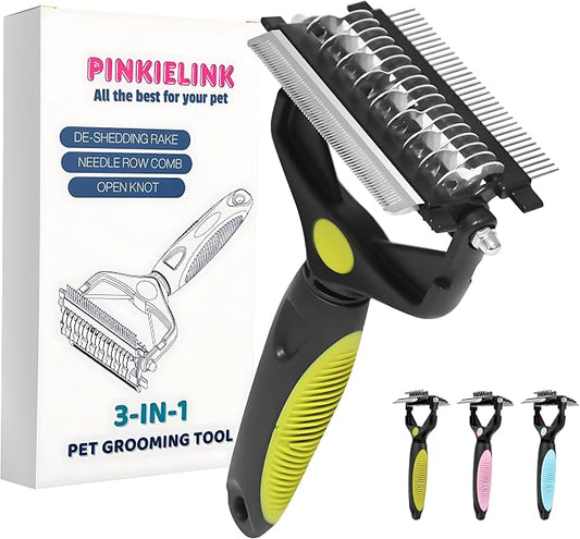 3-IN-1 Pet Grooming Tool - Undercoat Rake, Dematting Comb & Deshedding Brush for Cats, Dogs, Horses - Removes Mats, Tangles & Loose Fur, Reduces Shedding & Prevents Hair Mess (Green)