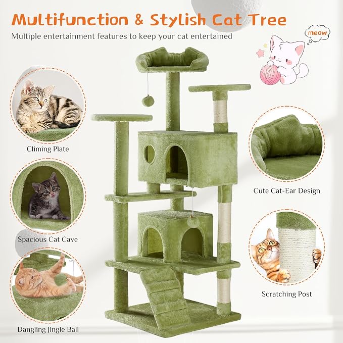 54 Inch Cat Tree Tower with Natural Sisal Scratching Post | Multi-Level Cat Climbing Tower with Hammock, Pet Condo for Indoor Cats and Kittens, Green