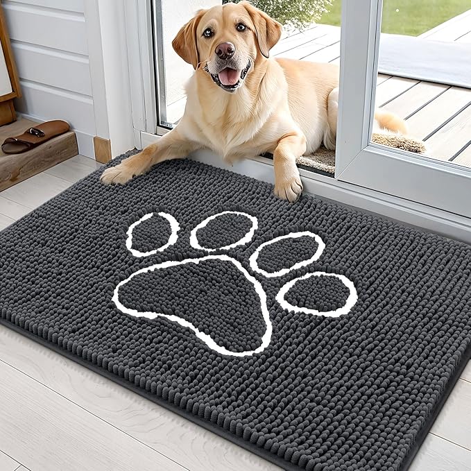 OLANLY Dog Door Mat for Muddy Paws 36x24, Paw Print Design Chenille Mud Mat | Dark Grey, Absorbent, Traps Moisture and Dirt, Non-Slip Washable Doormat, Quick-Drying Indoor Entryway Floor Carpet for Dogs