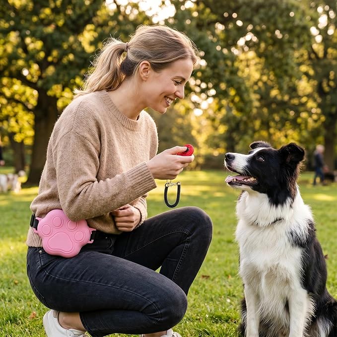 Dog Treat Pouch with Training Clicker and 2 Poop Bags, 1.8 Cup Small Sealable Zipper Silicone Fanny Pack with Waist Belt, Pet Puppy Training & Walking Essentials (Pink)