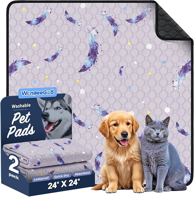 Washable Dog Pee Pads, Non-Slip Waterproof, 24 x 24 in, 2 Pack, Feather | Super absorbent, waterproof and non-slip; washable, reusable dog pads for crates, playpens, floors, furniture and travel
