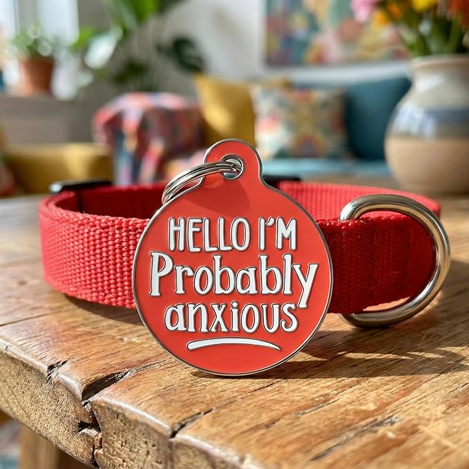 Bad Tags Personalized Dog and Cat ID Tags in 25+ Designs and 2 Sizes - 5 Lines of Custom Engraved Text - Funny Cute Personalized Pet Tags (Hello I'm Probably Anxious - Coral, Small (1 inch))