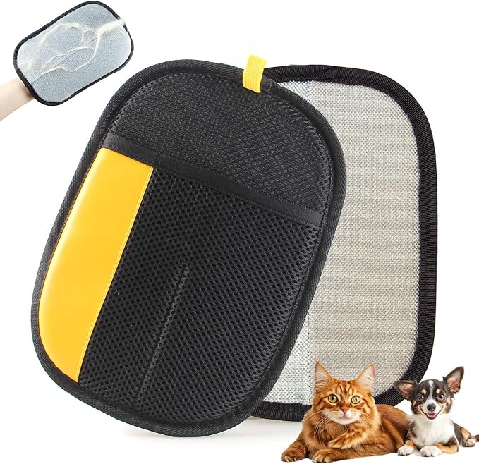 Thickened Pet Hair Removal Glove for Fabric Surfaces, BlackYellow | Easy-On 2-Finger Design; Secure Stay-Put Fit; Easy Hair Pickup; Reusable Design; Sofas, Beds, Carpets, Pet Beds and Car Seats