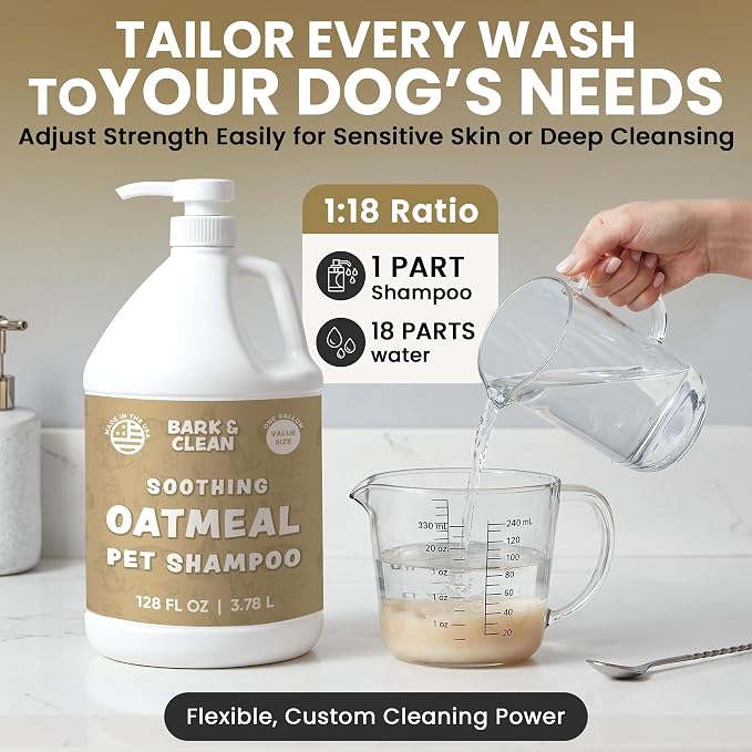 Oatmeal Dog Shampoo for Itchy Dry Skin, 1 Gallon with Pump - Hypoallergenic Anti-Itch Allergy & Sensitive Relief, Smelly Dogs, Aloe Vera Coconut Oil, Sulfate and Paraben Free, Made in USA Bark & Clean