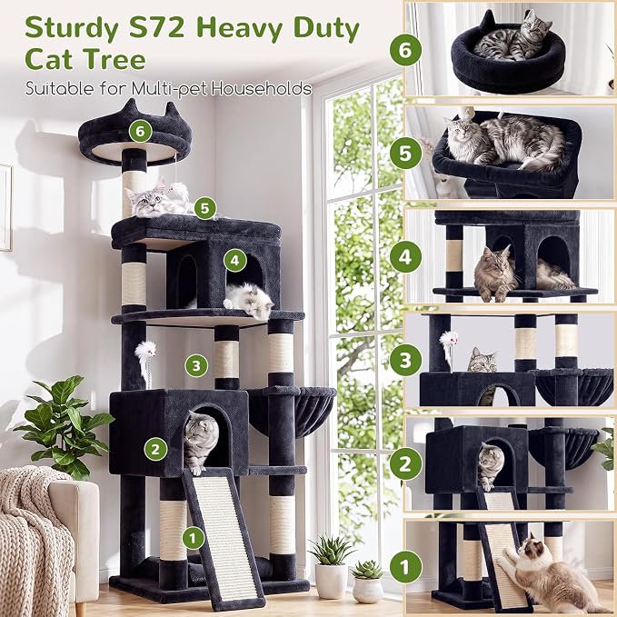 Globlazer Heavy Duty Cat Trees for Large Cats, Sturdy 72in Maine Coon Cat Tree for Large Cats 20 lbs+ Heavy Duty Cat Tower for Adult Biggest Cat with 6 Scratching Posts, Hammock, S72, Smoky Gray