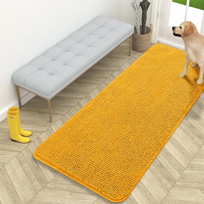 OLANLY Dog Door Mat for Muddy Paws 59x24, Super Absorbent Chenille Mud Mat | Golden Yellow, Absorbs Moisture and Dirt, Non-Slip Machine Washable Doormat, Quick-Dry Indoor Entryway Floor Carpet for Dogs