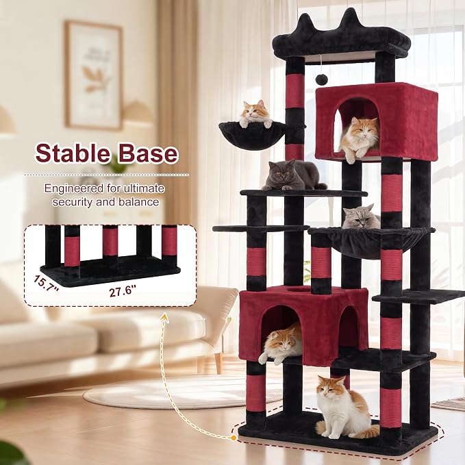 Heybly Cat Tree, 76-Inch Tall Heavy Duty Cat Tower for Big Cats HCT039BR | Multi-Level Large Cat Furniture with Extra Wide Baseboard, 2 Condos & 2 Hammocks, 10 Scratching Posts, Black and Red