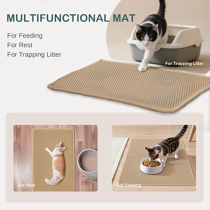 Cat Litter Trapping Mat, Double Layer Waterproof Proof Litter Box mat, Non-Slip Design, Easy to Clean, Beige Cat Box Mat 29.9'' x 24''Inch