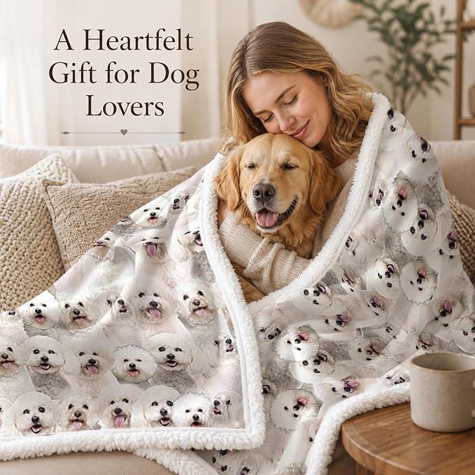 BlessLiving Bichon Frise White Throw Blanket with Dense Dog Patterns Sherpa Fleece Blanket Couch Bed, Soft Cozy Warm Pet Blankets for Puppy Lovers Cute Animal Print Gift 60x80 Inches