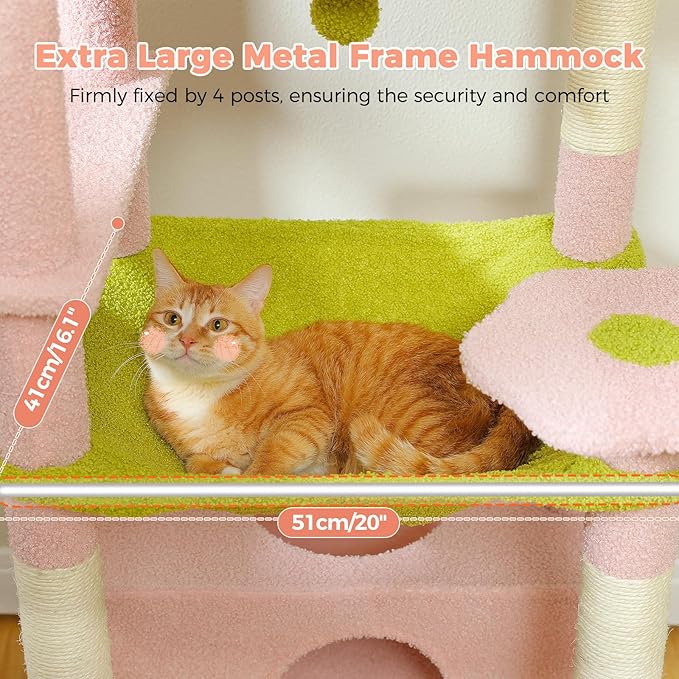 PAWZ Road Flower Cat Tree 72" Cat Tower with Condos&Hammock for Large Cats | cute cat tree in pink&green, 20"×16" hammock for adult cats, 7 scratch posts + pad, dual condos&perches for multi-cats