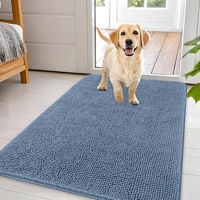 OLANLY Dog Door Mat for Muddy Paws 44x32, Super Absorbent Chenille Mud Mat | Airy Blue, Absorbs Moisture and Dirt, Non-Slip Machine Washable Doormat, Quick-Drying Indoor Entryway Floor Carpet for Dogs