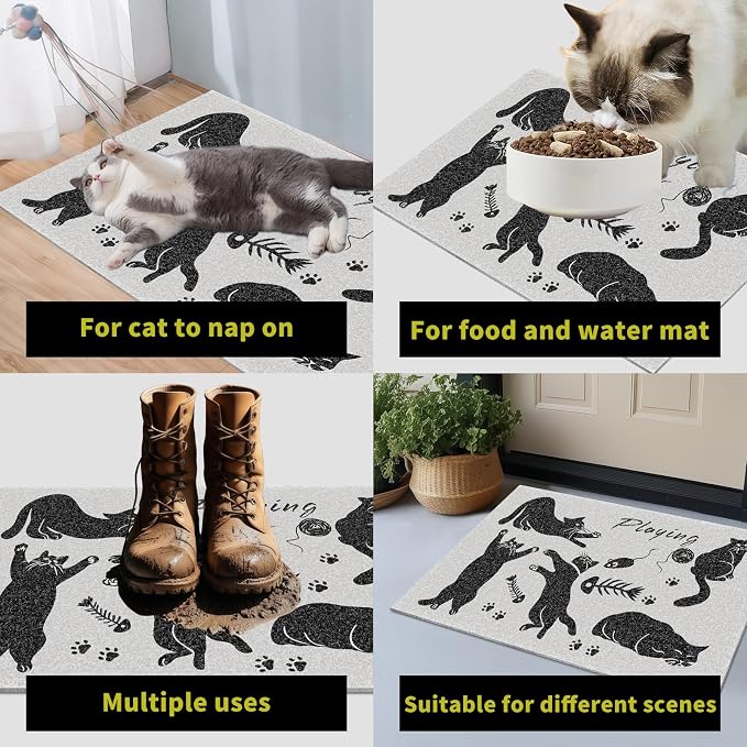 Cute Cat Litter Mat,24x16 Inch - Easy Clean, Anti Slip Trapping Mat for Box & Kitty Litter, Cute Small Rug, Indoor Cat Accessories,White