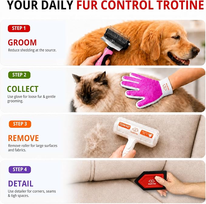 Ozark 4-in-1 Pet Care & Pet Hair Control System for Dogs & Cats – Deshedding Tool, Pet Hair Remover, Grooming Glove, Detail Cleaner for Furniture, Couch, Carpet, Home & Car (Red, Combo 4-in-1 Large)