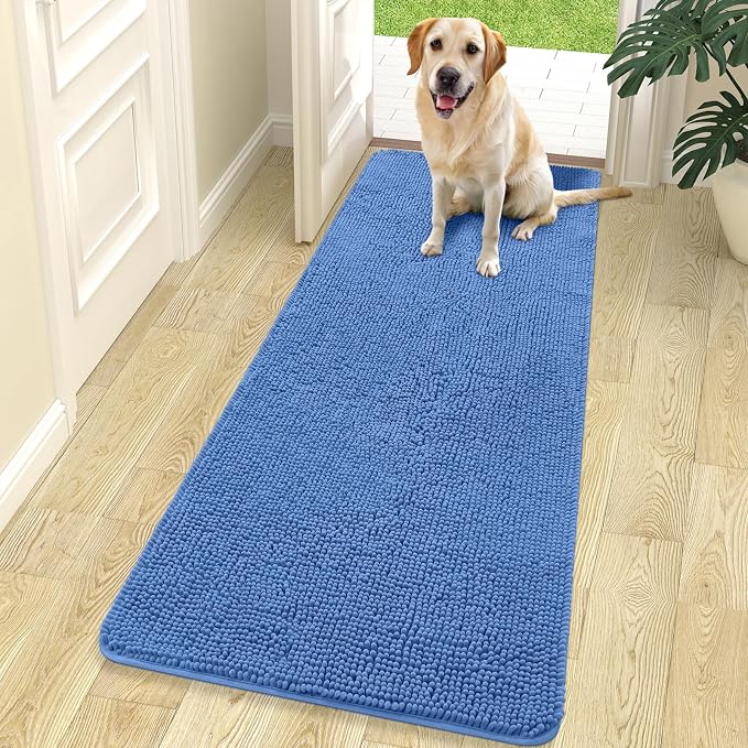 OLANLY Dog Door Mat for Muddy Paws 70x24, Super Absorbent Chenille Mud Mat | Cornflower Blue, Absorbs Moisture and Dirt, Non-Slip Machine Washable Doormat, Quick-Drying Indoor Entryway Carpet for Dogs
