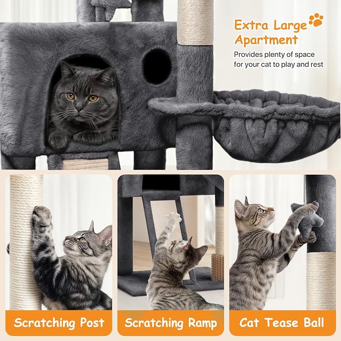 36-Inch Cat Tree Tower for Small and Medium Indoor Cats, Multi-Level Climbing Tower with Sisal Scratching Posts, Hammock, Cat Condo & Scratching Board, Smoky Gray