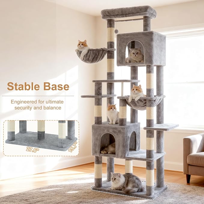 Heybly Cat Tree, 76-Inch Tall Heavy Duty Cat Tower for Big Cats HCT039W | Multi-Level Large Cat Furniture with Extra Wide Baseboard, 2 Condos & 2 Hammocks, 10 Scratching Posts, Light Gray