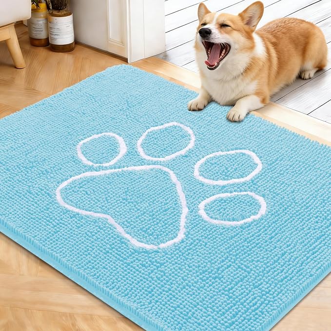 OLANLY Dog Door Mat for Muddy Paws 40x32, Paw Print Design Chenille Mud Mat | Blue, Super Absorbent, Traps Moisture and Dirt, Non-Slip Washable Doormat, Quick-Drying Indoor Entryway Floor Carpet for Dogs
