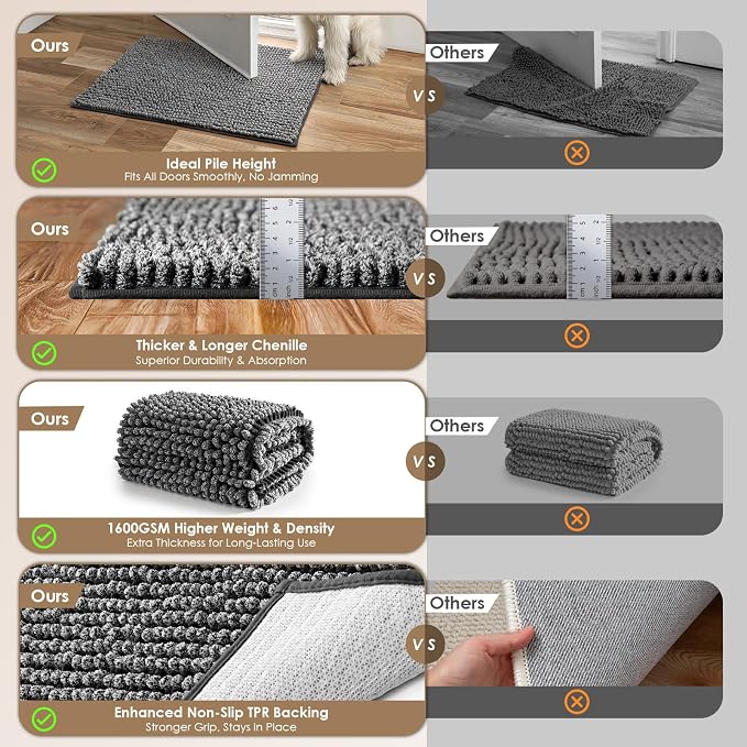 EHEYCIGA Super Absorbent Dog Door Mat for Muddy Paws 24x16 Inch Indoor, Front Doormat Outside Entrance, Quick Dry Chenille Washable Dog Crate Bed, Non-Slip Pet Rug Mud Mat Outdoor Entryway, Grey