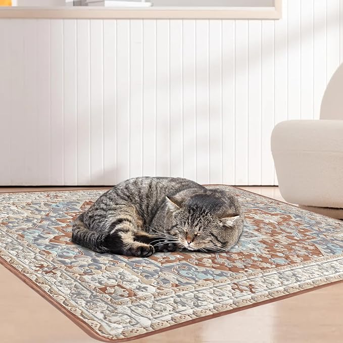 Cat Litter Mat 2 Pack, Reusable Large 36"x48" Kitty Litter Trapping Mat, Machine Washable Litter Mats for Cats, Waterproof & Non-Slip Compatible with Cat Box (Beige Medallion)