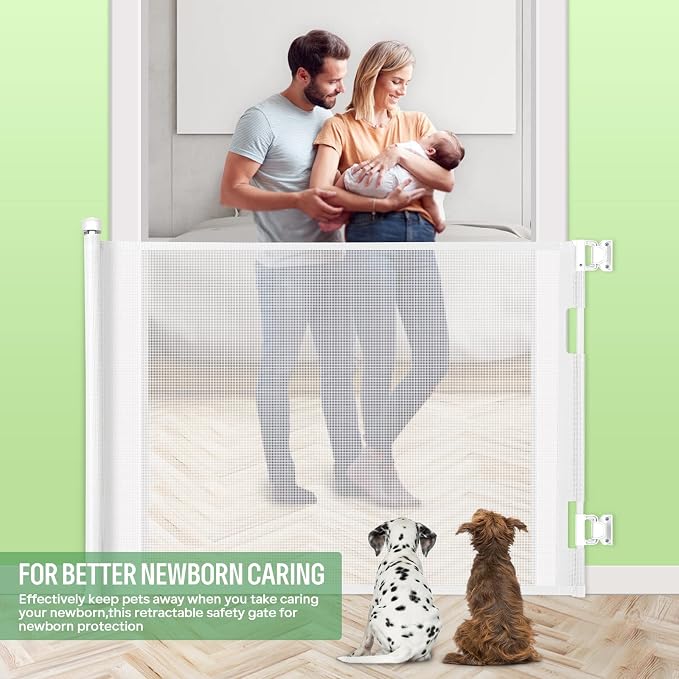 Retractable Baby Gate for Stairs & Doorways, 33" Tall Extends to 55" Wide | Extra Wide Safety Kid Pet Gate, Mesh Dog Gate for Indoor, Outdoor, Hallways One-Handed Operation, Easy Install(33”x55”-White)