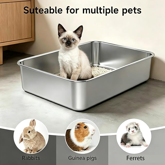 Stainless Steel Litter Pan Open Top Low Entry Easy Cleaning Anti-Urine Leakage Non-Sticky Odor Free Metal Litter Box