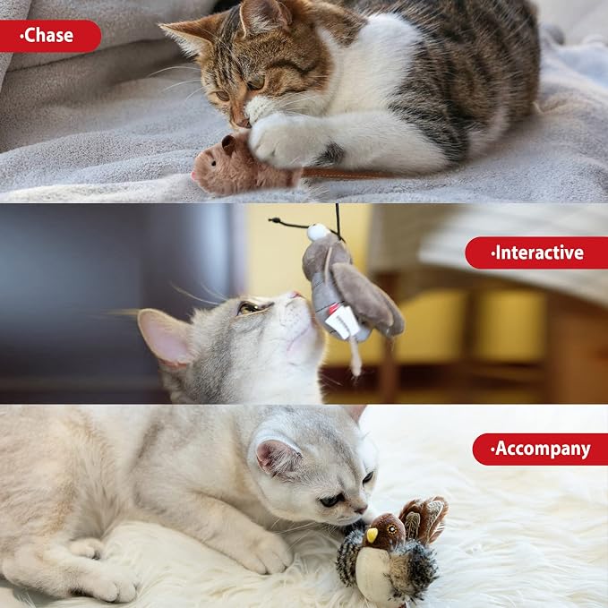 Gigwi Interactive Toy Set for Indoor Cats - 3PCS Plush Pack Including Squeaky Feather, Mouse Hunt, Chase Bird, and Chirping Cricket Toys