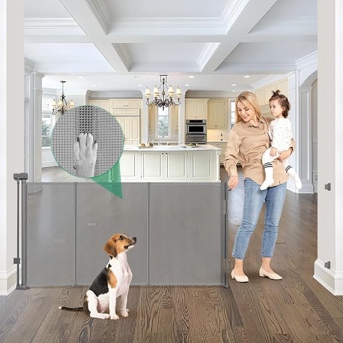 Reinforced 85" Wide Retractable Baby Gates Outdoor Retractable Dog Gate Indoor Mesh Baby Gate Retractable Pet Gate, Extra Wide Dog Gate with Support Rods – Prevent Crawling Under, Gray