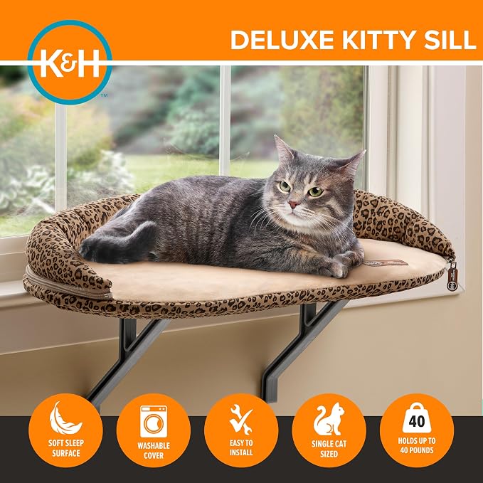 K&H Cat Window Perch, Deluxe Kitty Sill with Bolster, 24x14in, Tan/Leopard | Cat Window Hammock Bed, Orthopedic Window Bed Holds 40 lbs, Washable Cover, Indoor Windowsill Furniture