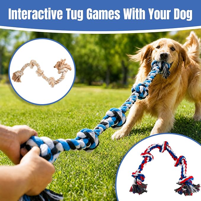 Bmag Dog Rope Toys for Aggressive Chewers, Interactive Heavy Duty Dog Toys for Medium Large Dogs, Tough Twisted Rope Toy with 5 Knots (Blud)