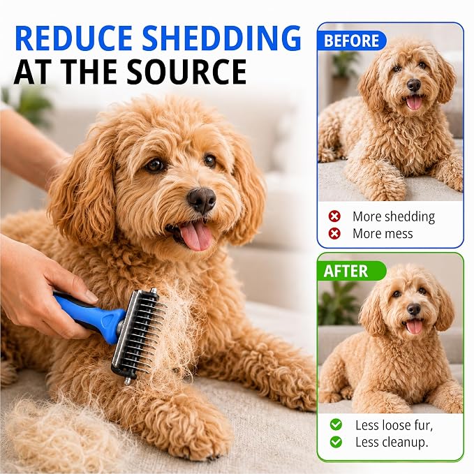 4-in-1 Pet Care & Pet Hair Control System for Dogs & Cats – Deshedding Tool, Pet Hair Remover, Grooming Glove & Detail Cleaner for Furniture Couch Carpet Home & Car (Blue, Combo 4-in1 Small)