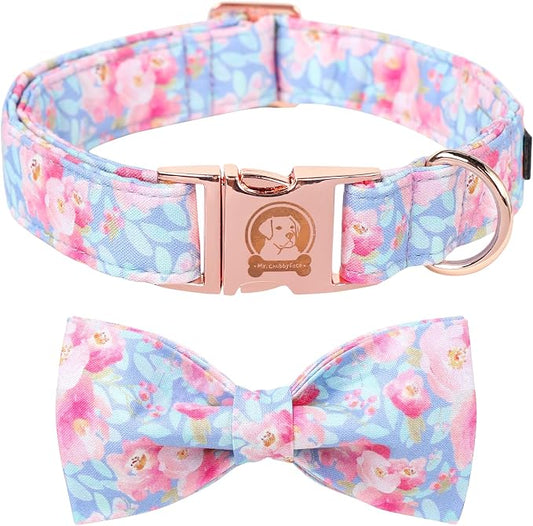 ·MR. CHUBBYFACE· Ink Style Flower Dog Collar with Bow Cute Brown Puppy Collar Bowtie Spring Girl Boy Dog Collars for Small Medium Large Dogs