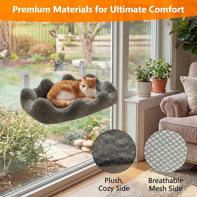 Homegroove Cat Window Perch, 24 x 12 Inch Foldable Cat Hammock for Window with 4-Sided Bolster & 4 Large Suction, Cloud Shape Cordless Window Bed for Indoor Cats (Gray, Large(24'' x 12''))