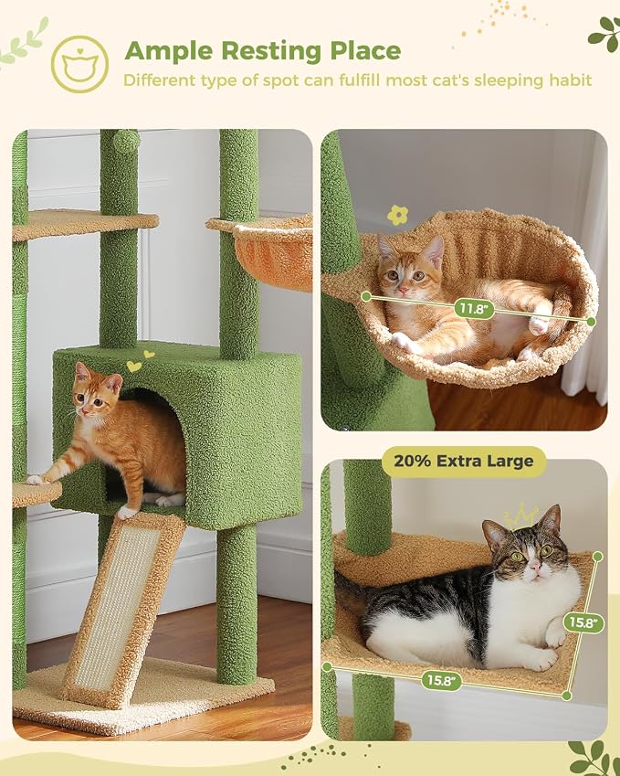 PEQULTI Floor to Ceiling Cat Tree Tower, Height Adjustable 230-252cm, Green | Cactus climbing pole for large cats with cat condo, hammock & sisal scratching posts; measure ceiling, fits 230-252cm