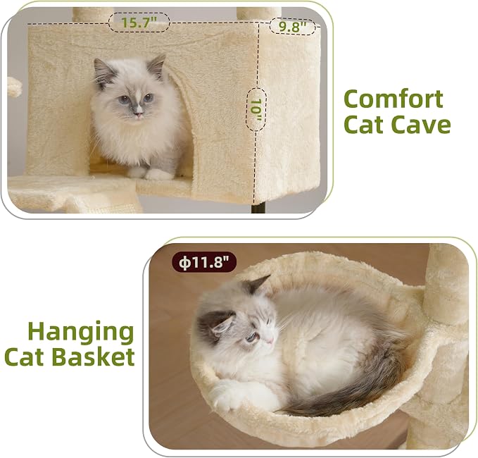 Cat Tree Tower for Indoor Cats, Top Platform with Toy, GCT006SM | 49.2 inch Cat Condo House, Sturdy Base, Scratching Post & Board, 3 Balls, Hanging Basket, Small Cats and Kittens, Beige