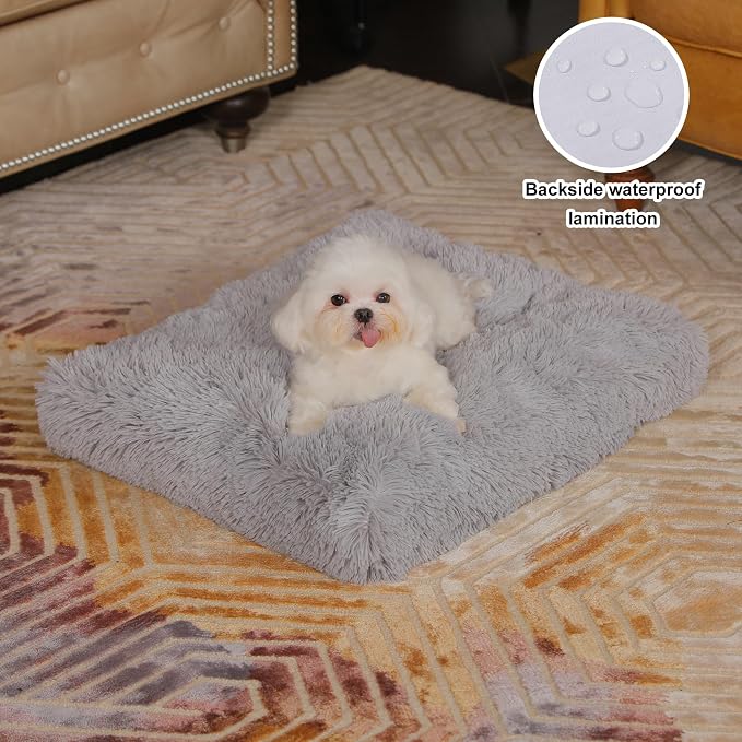 Bedfolks Waterproof Dog Crate Bed, Plush Dog Pad, 17"x12", Solid Light Grey | Faux Fur Plush Cover, Zippered Removable Washable Outer, Waterproof Inner Lining, Non-Slip Base, Crate Pad and Dog Pillow