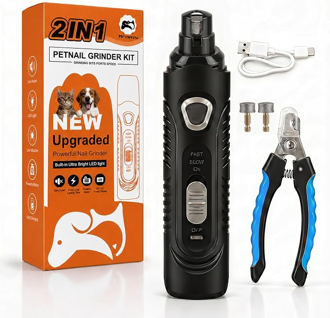 Pet Nail Grinder for Dogs and Cats, 2-Speed Electric Dog Nail Trimmer, Extral Steel Pet Nail Clipper, Rechargeable 2000mAh Nail Grinder for Small Medium Large Dogs with 2 LED Lights, Black