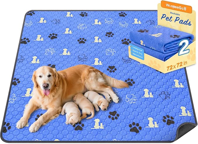 WanpeeGoo Washable Pee Pads for Dogs, Waterproof, 72 x 72 in, 1 Pack, Blue | Super Absorbent, Waterproof and Non-Slip; Washable, Reusable Dog Pads for Crates, Playpens, Floors, Furniture and Travel