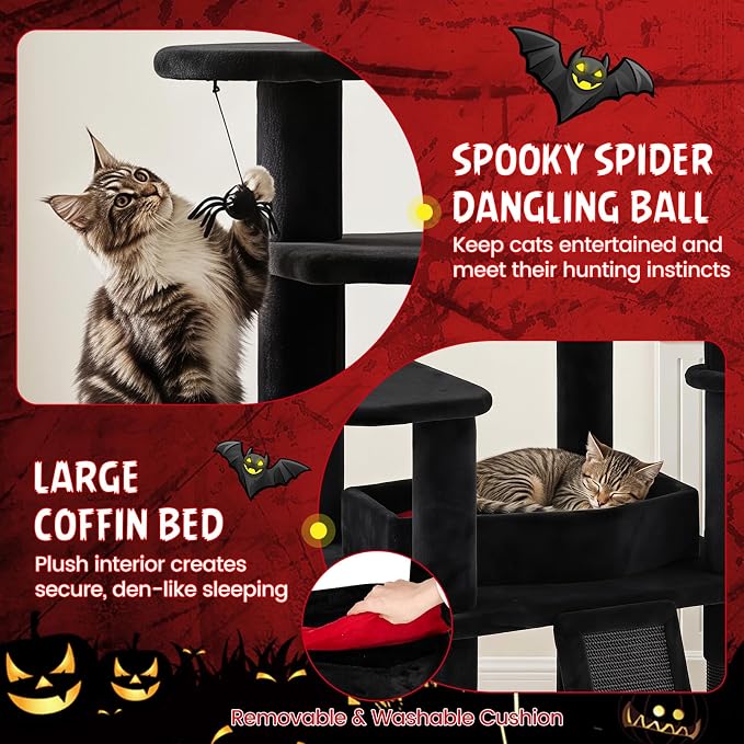 50-inch Gothic Cat Tree, Multi-Level Black Cat Tower | | Robust Scratching Posts | Coffin Bed | Castle-Shaped Comfy Cat Condo | Spider-Shaped Hanging Toy | Scratching Ladder |